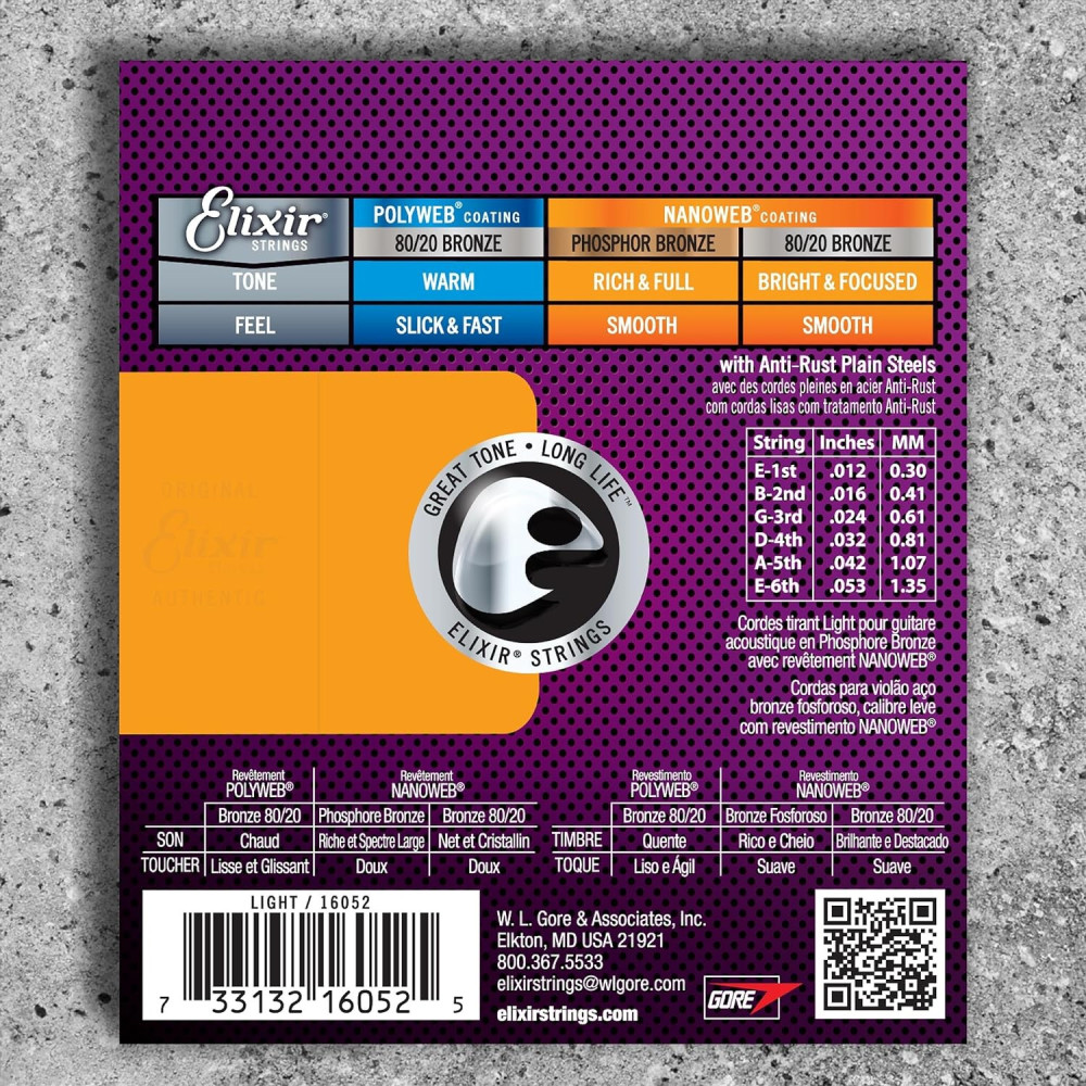 Elixir 16052 Nanoweb Phosphor Bronze Acoustic Guitar Strings - Long Lasting Tone
