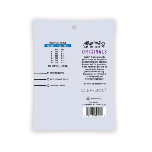 Martin Originals M150 80/20 Medium Acoustic Guitar Strings - Superior Sound and Durability