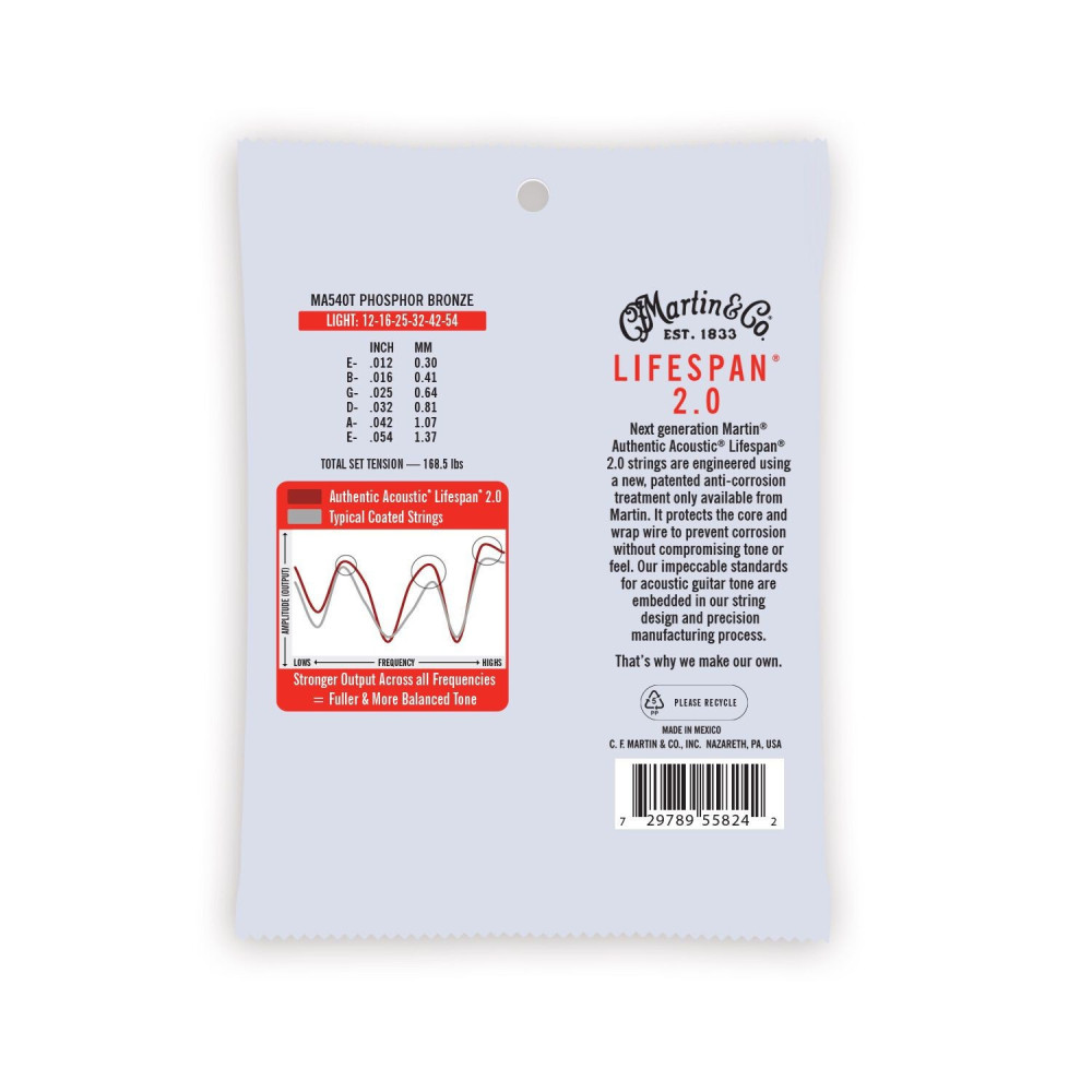 Martin Authentic Treated MA540T Light Acoustic Guitar Strings - Long Lasting Tone