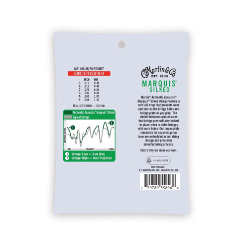 Martin Authentic Silked MA140S Light 80/20 Acoustic Guitar Strings - Rich, Full Sound